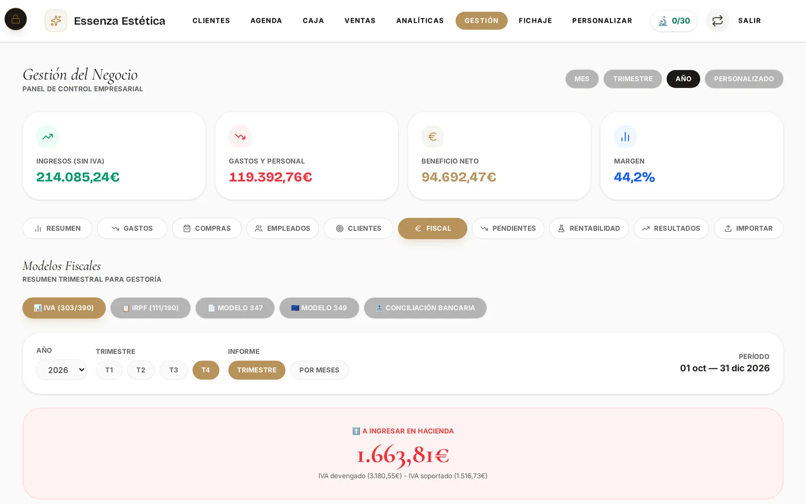 Pantalla de impuestos y libros fiscales del panel