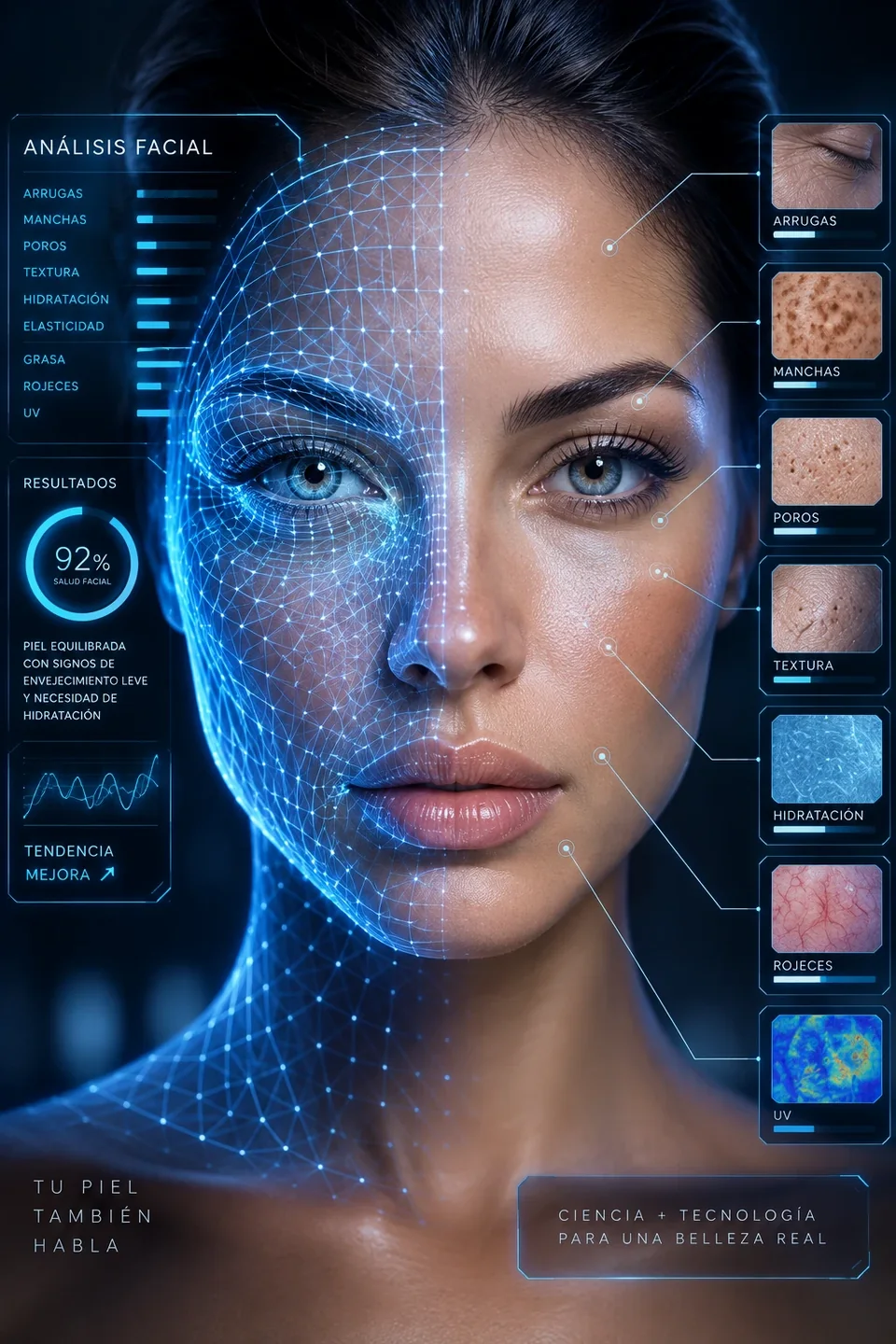 Rostro de mujer con malla facial de análisis y paneles de resultados: arrugas, manchas, poros, textura, hidratación, rojeces y UV