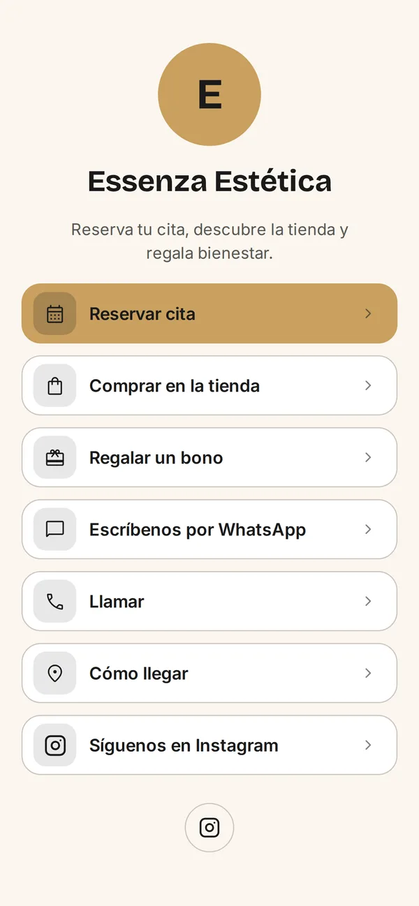 Página de enlaces para Instagram con los botones de reservar, tienda, bono regalo y WhatsApp