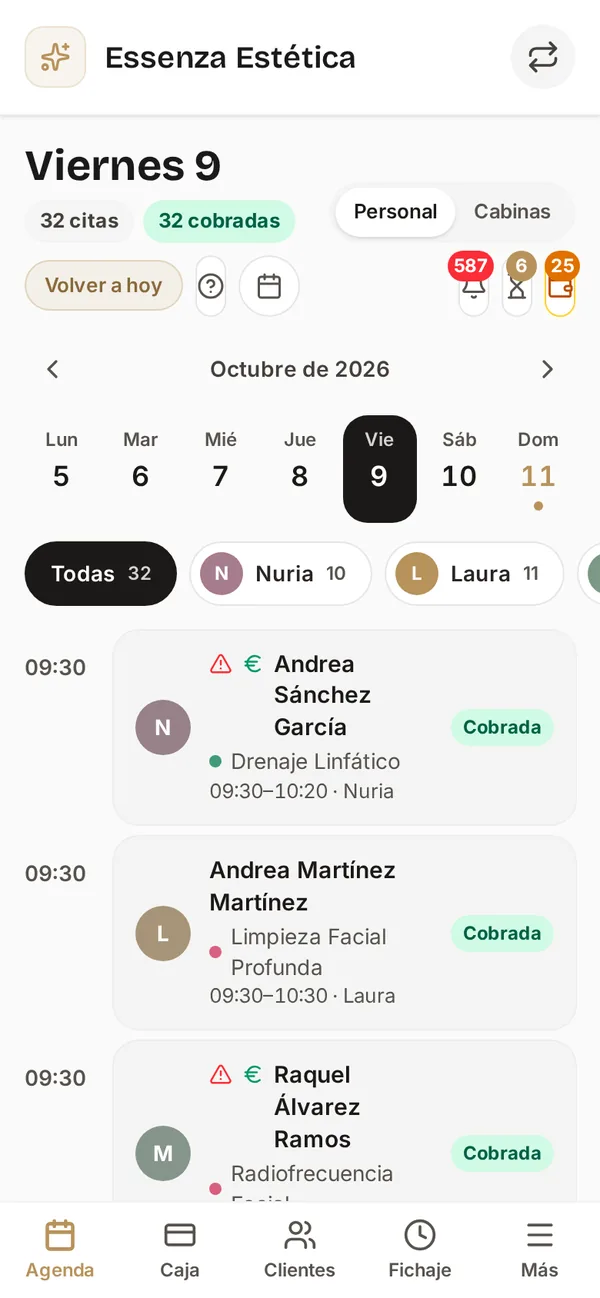 Agenda del equipo en el móvil: citas del día por profesional y estado de cobro